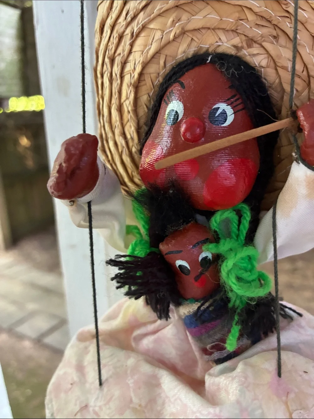 Handcrafted Red Face Girl Marionette Doll with Straw Hat
